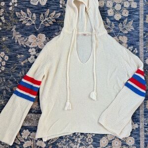 Faherty Cream Knit Hoodie with Red and Blue Stripes